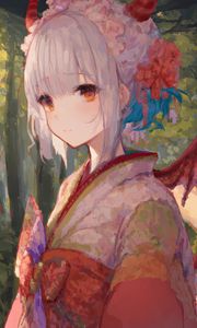 Preview wallpaper girl, kimono, flowers, paint, strokes, anime