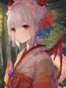 Preview wallpaper girl, kimono, flowers, paint, strokes, anime