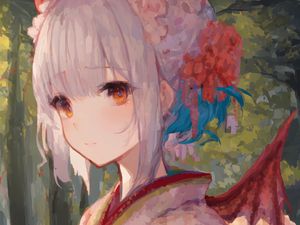 Preview wallpaper girl, kimono, flowers, paint, strokes, anime