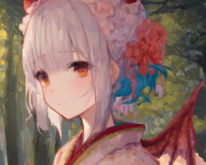 Preview wallpaper girl, kimono, flowers, paint, strokes, anime