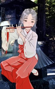 Preview wallpaper girl, kimono, flute, music, anime