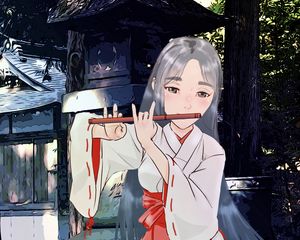 Preview wallpaper girl, kimono, flute, music, anime