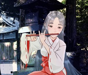 Preview wallpaper girl, kimono, flute, music, anime