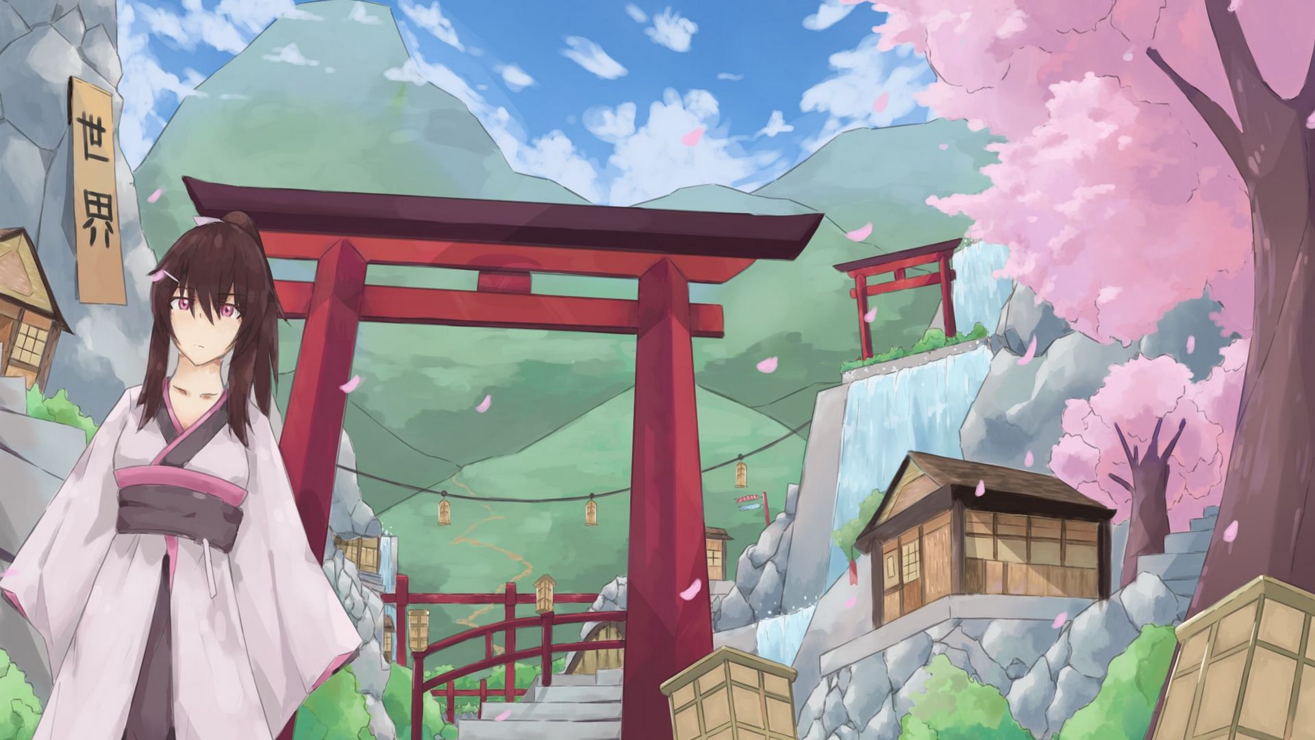 Download wallpaper 1920x1080 girl, kimono, gate, anime, japan full hd