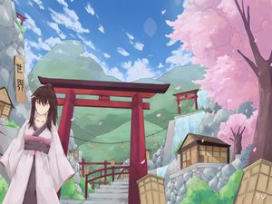 Preview wallpaper girl, kimono, gate, anime, japan