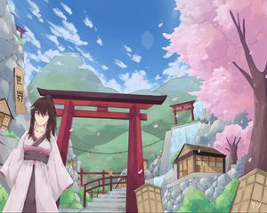 Preview wallpaper girl, kimono, gate, anime, japan