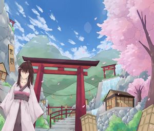 Preview wallpaper girl, kimono, gate, anime, japan