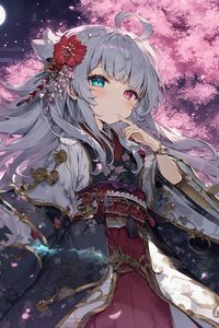 Preview wallpaper girl, kimono, gesture, heterochromia, sakura, anime
