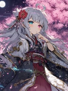 Preview wallpaper girl, kimono, gesture, heterochromia, sakura, anime