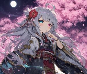 Preview wallpaper girl, kimono, gesture, heterochromia, sakura, anime