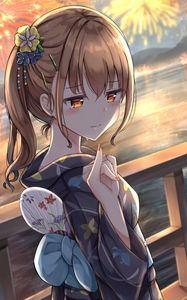 Preview wallpaper girl, kimono, gesture, fireworks, anime