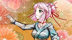 Preview wallpaper girl, kimono, gesture, flowers, anime