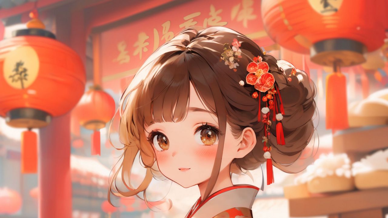 Wallpaper girl, kimono, holiday, china, anime, art, red