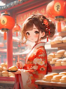 Preview wallpaper girl, kimono, holiday, china, anime, art, red