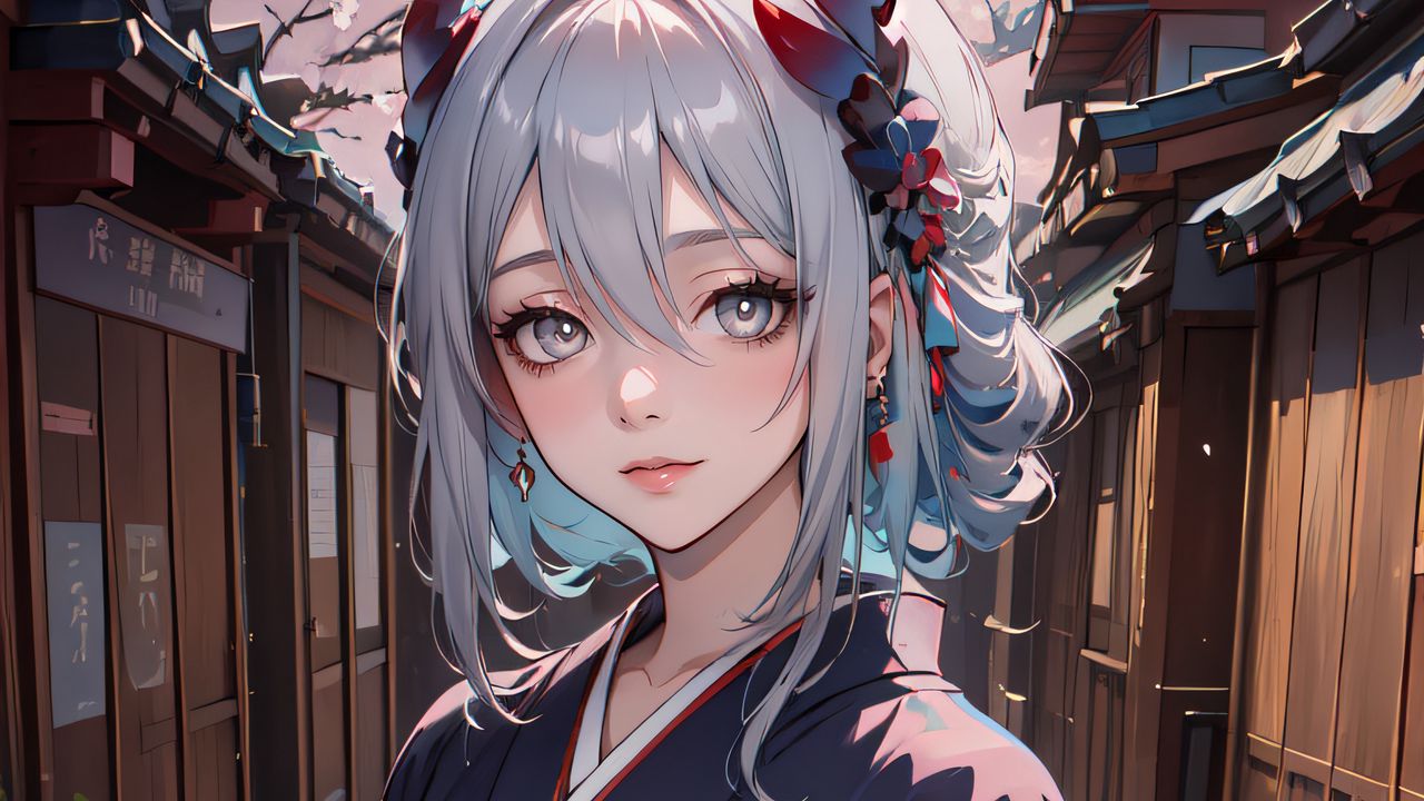 Wallpaper girl, kimono, home, sakura, spring, art, anime