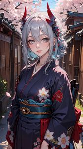 Preview wallpaper girl, kimono, home, sakura, spring, art, anime