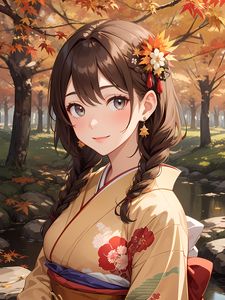 Preview wallpaper girl, kimono, jewelry, autumn, anime, art