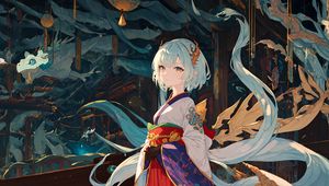 Preview wallpaper girl, kimono, jewelry, gloves, dragon, anime