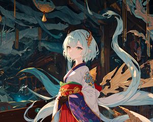 Preview wallpaper girl, kimono, jewelry, gloves, dragon, anime