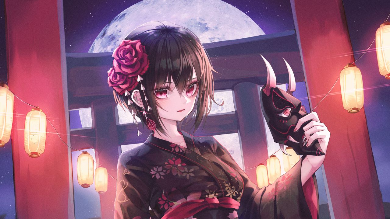 Wallpaper girl, kimono, katana, mask, anime, japan