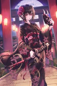 Preview wallpaper girl, kimono, katana, mask, anime, japan