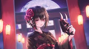 Preview wallpaper girl, kimono, katana, mask, anime, japan