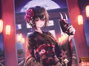 Preview wallpaper girl, kimono, katana, mask, anime, japan