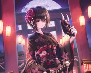 Preview wallpaper girl, kimono, katana, mask, anime, japan