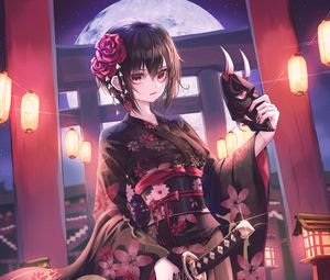 Preview wallpaper girl, kimono, katana, mask, anime, japan