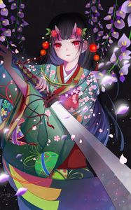 Preview wallpaper girl, kimono, katana, anime, art