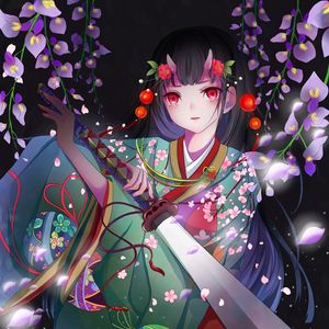 Preview wallpaper girl, kimono, katana, anime, art