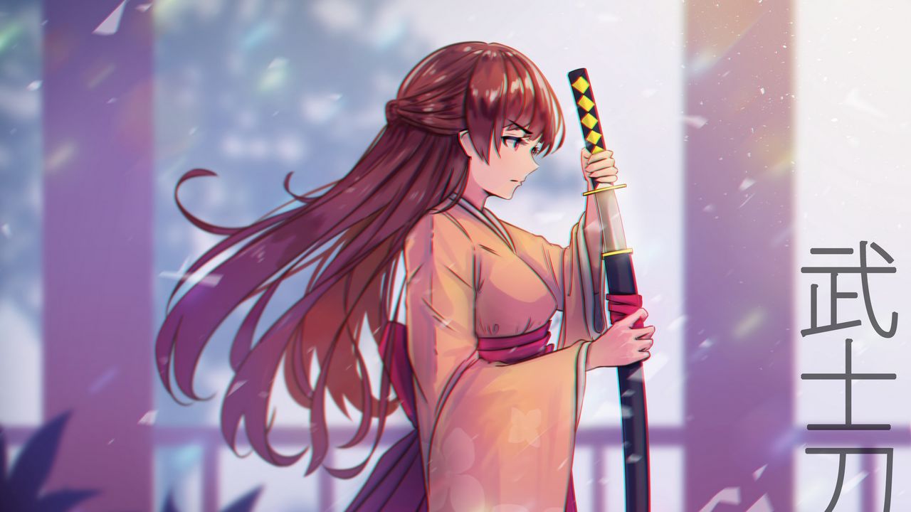 Wallpaper girl, kimono, katana, warrior, anime