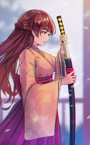 Preview wallpaper girl, kimono, katana, warrior, anime