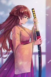 Preview wallpaper girl, kimono, katana, warrior, anime