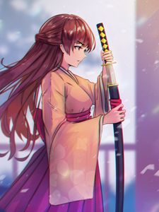 Preview wallpaper girl, kimono, katana, warrior, anime