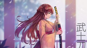 Preview wallpaper girl, kimono, katana, warrior, anime