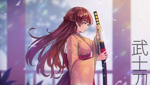 Preview wallpaper girl, kimono, katana, warrior, anime