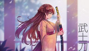 Preview wallpaper girl, kimono, katana, warrior, anime