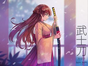 Preview wallpaper girl, kimono, katana, warrior, anime