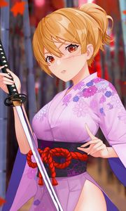 Preview wallpaper girl, kimono, katana, anime, art, purple