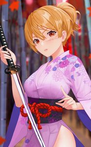 Preview wallpaper girl, kimono, katana, anime, art, purple