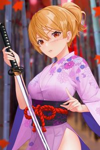 Preview wallpaper girl, kimono, katana, anime, art, purple