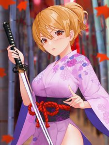 Preview wallpaper girl, kimono, katana, anime, art, purple