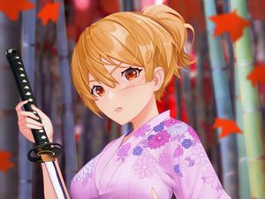 Preview wallpaper girl, kimono, katana, anime, art, purple