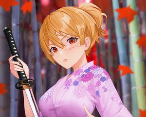 Preview wallpaper girl, kimono, katana, anime, art, purple