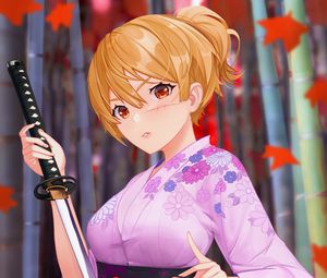 Preview wallpaper girl, kimono, katana, anime, art, purple