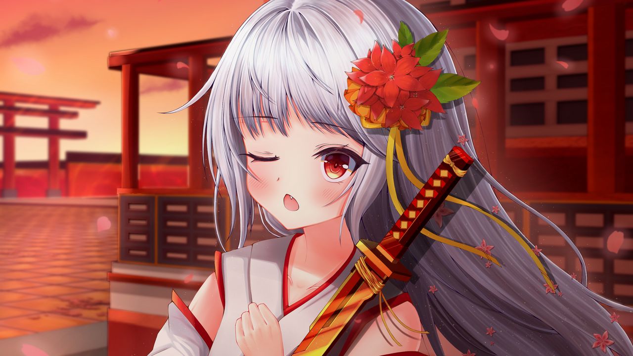 Wallpaper girl, kimono, katana, anime