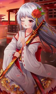 Preview wallpaper girl, kimono, katana, anime