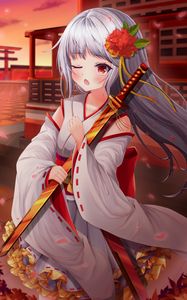 Preview wallpaper girl, kimono, katana, anime