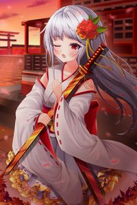 Preview wallpaper girl, kimono, katana, anime